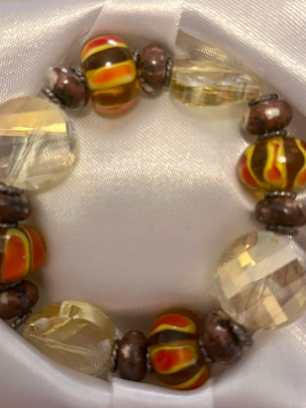 Orange Yellow Brown Art Glass Bead Stretch Bracelet – 16-17cm